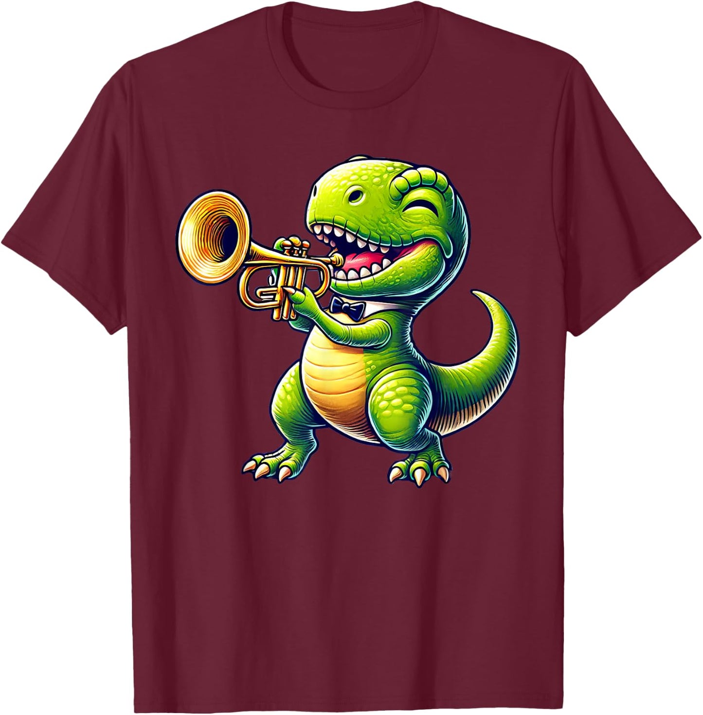 T-Rex Dinosaur Playing Trumpet Musician Music T-Shirt - T-Shirt | Maroon