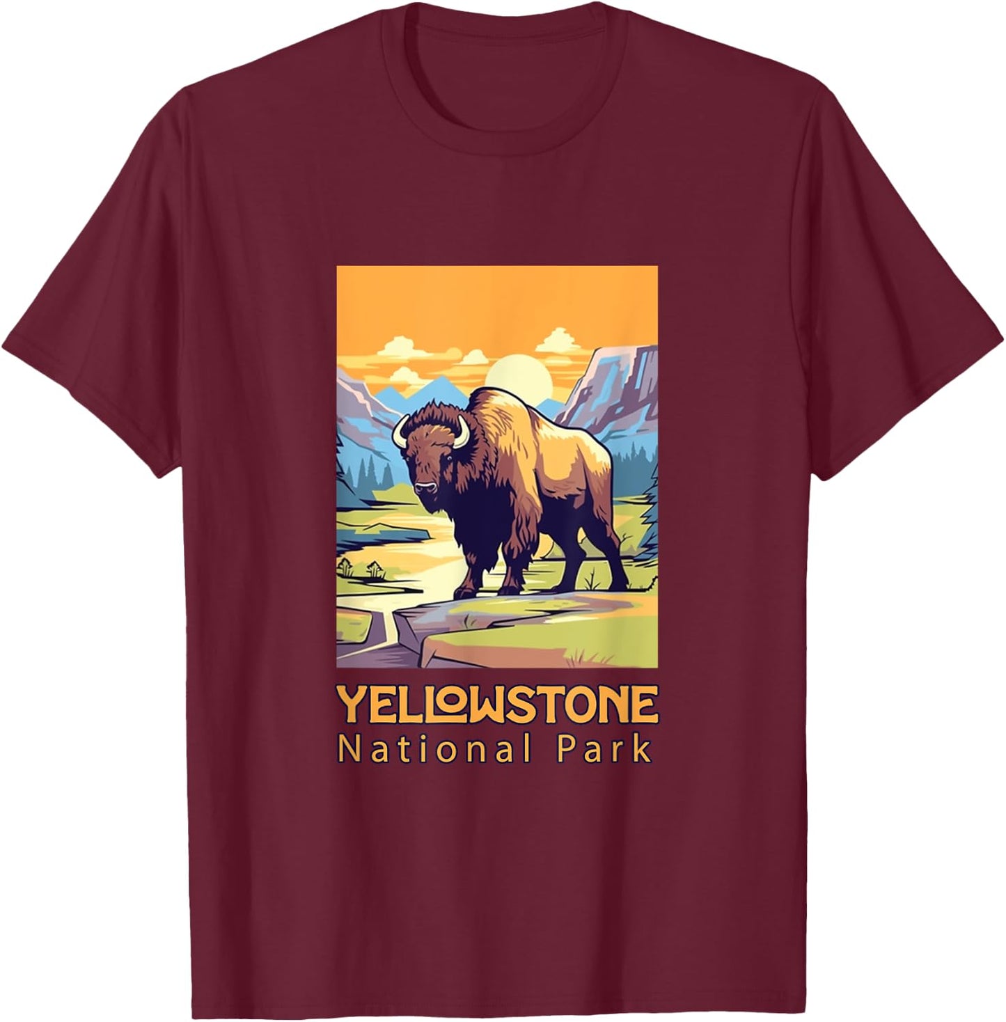 Yellowstone National Park Bison Large Cartoon Graphic T-Shirt - T-Shirt | Maroon