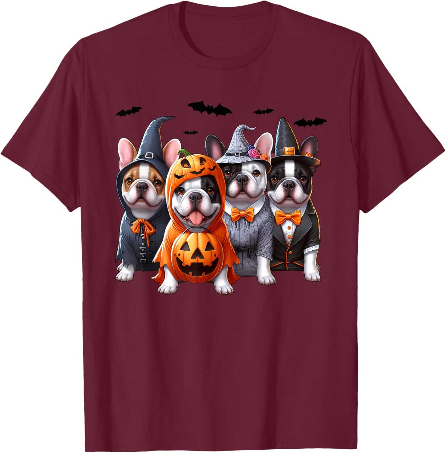 Frenchie Ghost And Witch Dog, French Bulldog Halloween Boo Men Women Kids T-Shirt - T-Shirt | Maroon