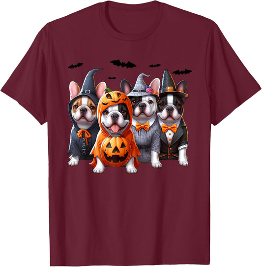 Frenchie Ghost And Witch Dog, French Bulldog Halloween Boo Men Women Kids T-Shirt - T-Shirt | Maroon