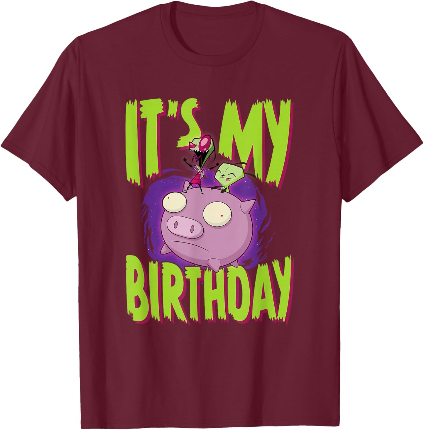Invader Zim It's My Birthday Zim & Gir Riding Pig T-Shirt - T-Shirt | Maroon