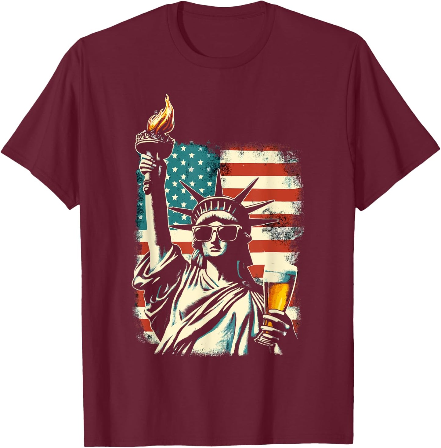 USA Statue of Liberty 4th of July Party Beer Funny Patriotic Women Men T-Shirt - T-Shirt | Maroon