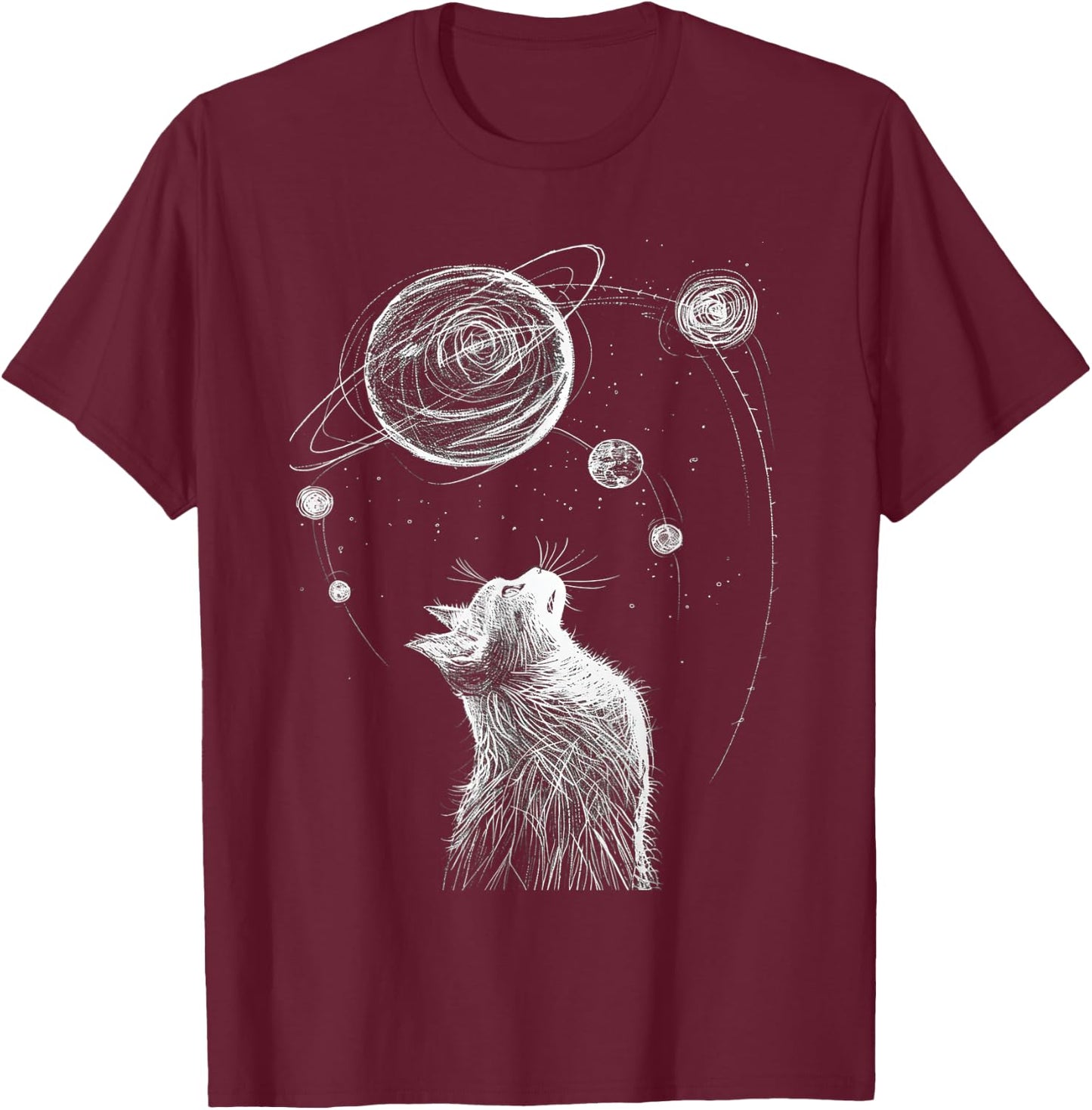 Cat Staring at Solar System Men Women Kids T-Shirt - T-Shirt | Maroon