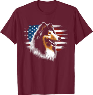 Rough Collie American Flag - Patriotic Collie Dog Lover T-Shirt - T-Shirt | Maroon
