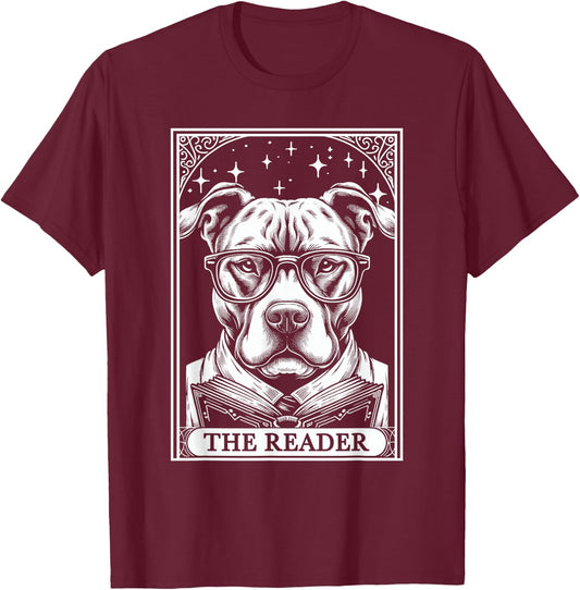 Tarot Card Vintage Pit Bull Pittie Dog Book Lover The Reader T-Shirt - T-Shirt | Maroon