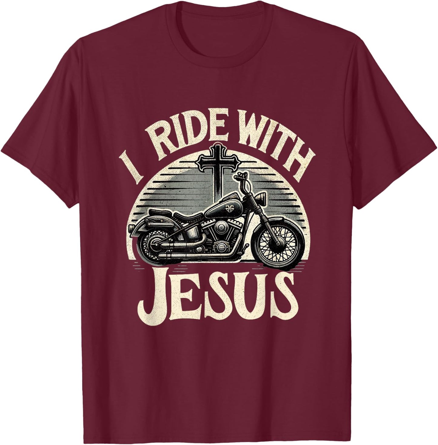 Faithful Flair I Ride With Jesus Motorcycle Christian , Small, Black T-Shirt - T-Shirt | Maroon