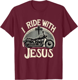 Faithful Flair I Ride With Jesus Motorcycle Christian , Small, Black T-Shirt - T-Shirt | Maroon