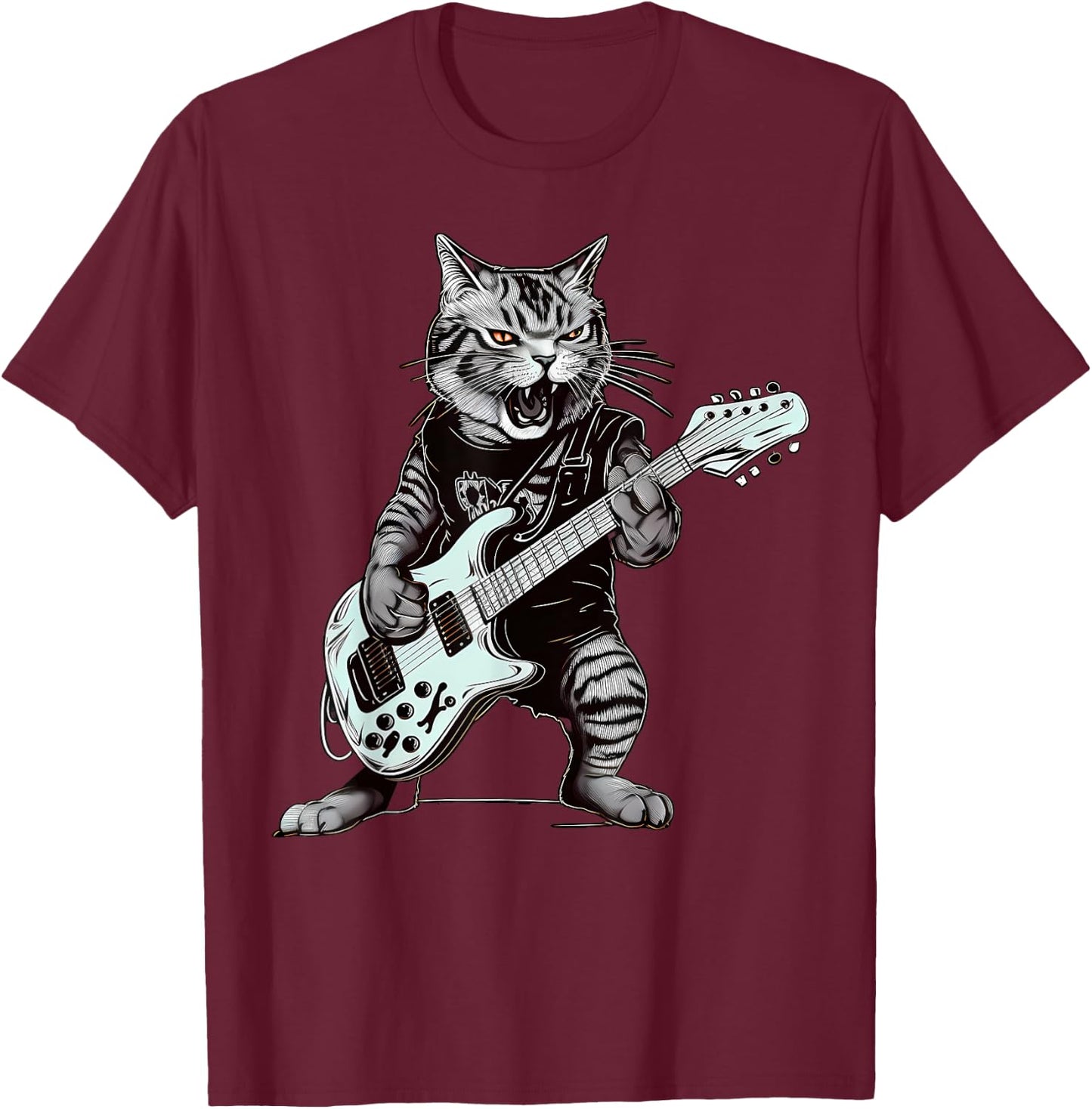 Cat Guitar T Shirt Cat Playing Guitar Heavy Metal Cat T-Shirt - T-Shirt | Maroon
