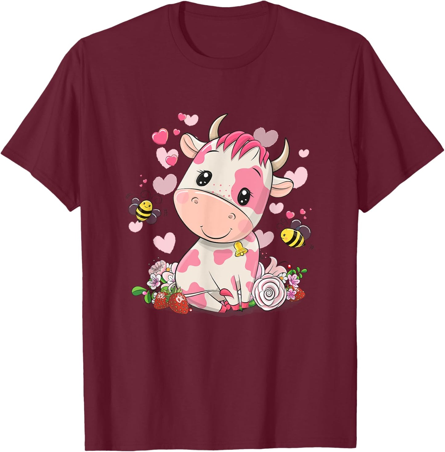 Strawberry Cow, Cute Cow, Pink Cow Pet T-Shirt - T-Shirt | Maroon