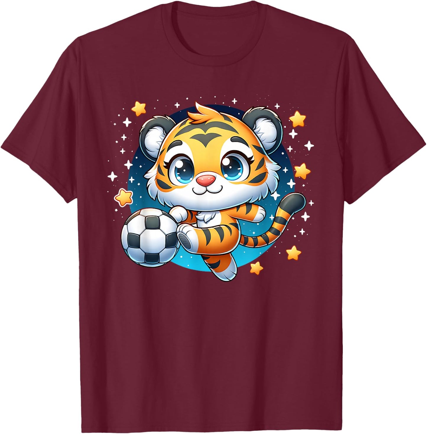 Tiger Soccer Player Kicking Soccer Ball Cute Kids Graphic T-Shirt - T-Shirt | Maroon