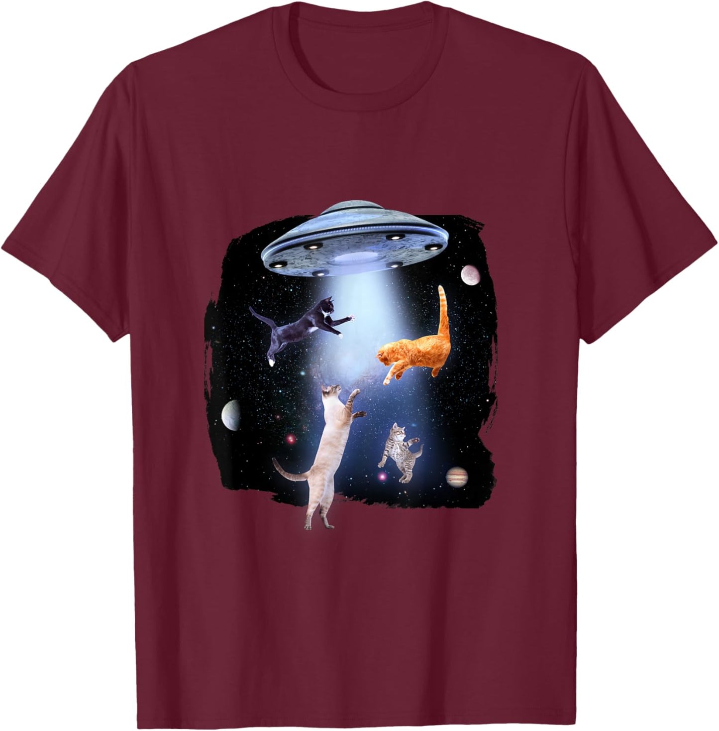 Cat with Alien and Ufo T-Shirt - T-Shirt | Maroon