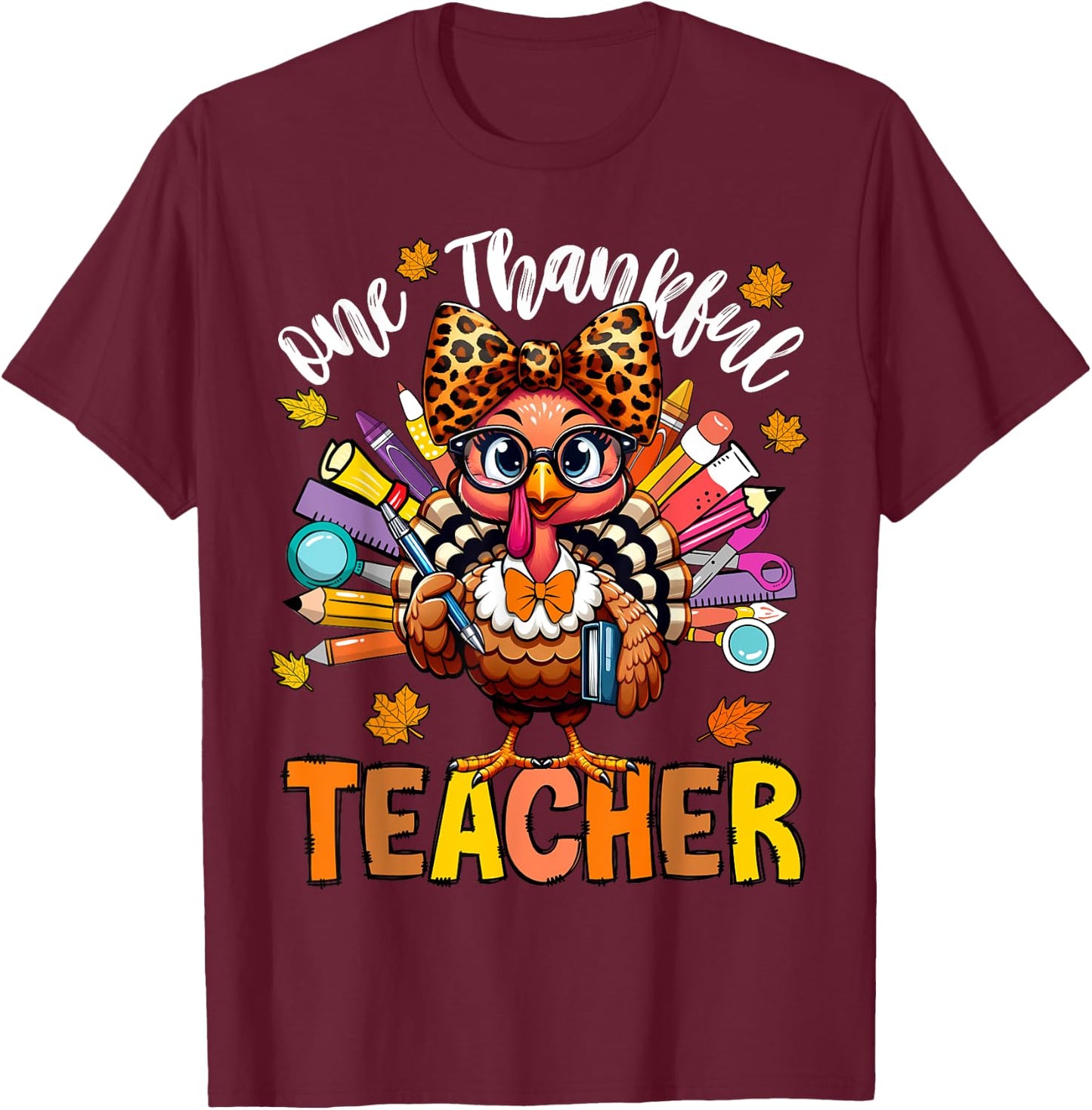 One Thankful Teacher Thanksgiving Turkey Cute Crayon Pencil T-Shirt - T-Shirt | Maroon