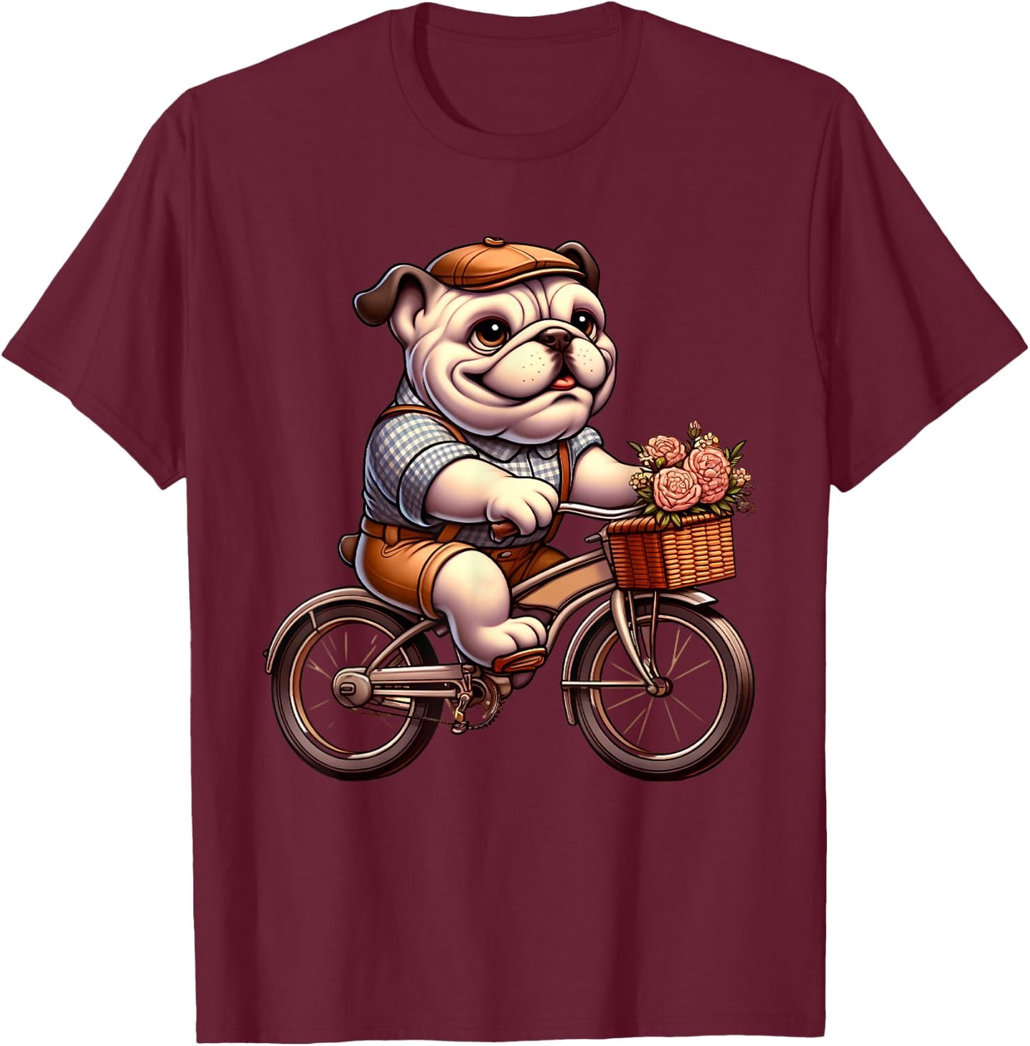 Cute English Bulldog on Bicycle Cycling Men Women Kids T-Shirt - T-Shirt | Maroon