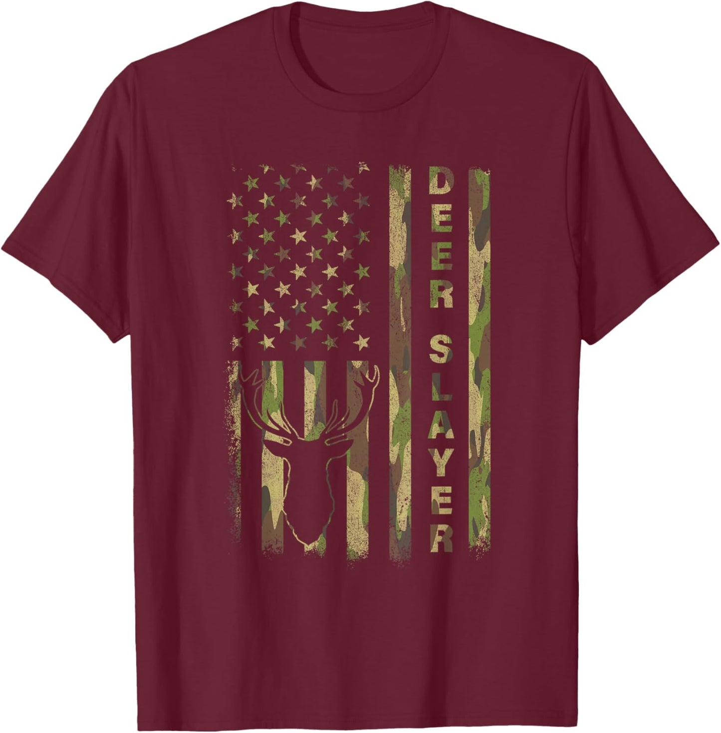 Deer Slayer Hunter Camo American Flag Hunting Lover Vintage T-Shirt - T-Shirt | Maroon