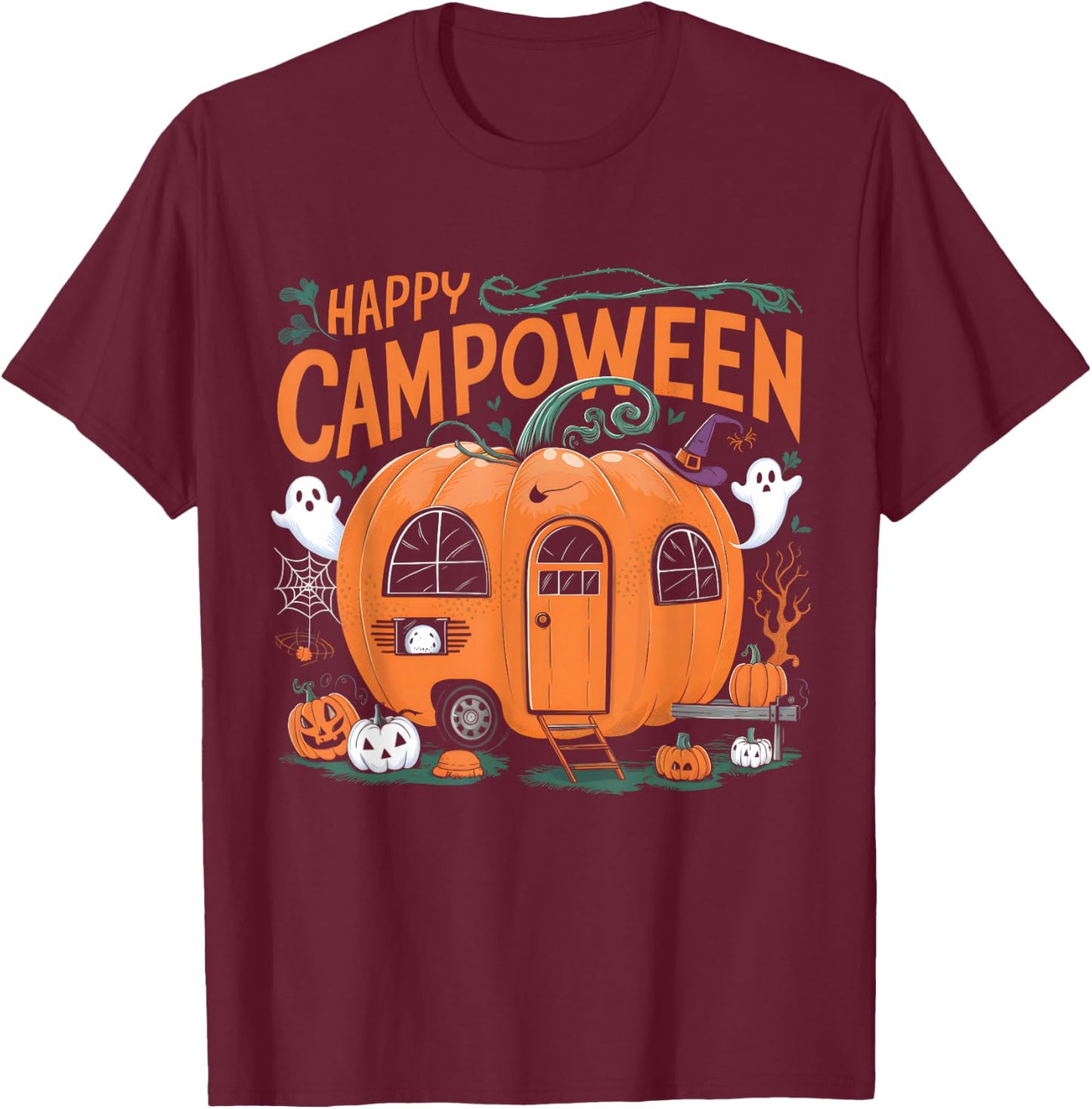 Happy Camp-O-Ween Halloween Camping Ghosts and Campfires T-Shirt - T-Shirt | Maroon
