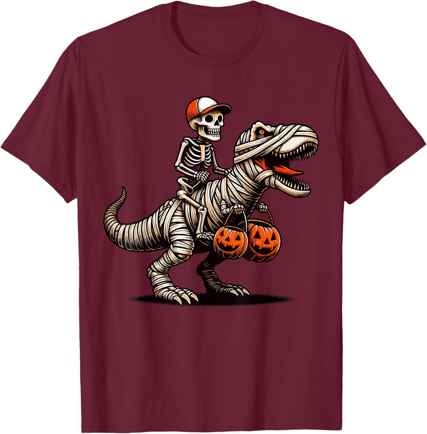 Skeleton Riding Mummy Dinosaur Pumpkin Halloween T-Shirt - T-Shirt | Maroon