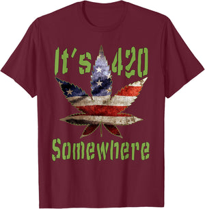 It's 420 Somewhere U.S. Flag Leaf potheads stoner . T-Shirt - T-Shirt | Maroon