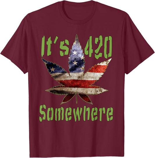 It's 420 Somewhere U.S. Flag Leaf potheads stoner . T-Shirt - T-Shirt | Maroon