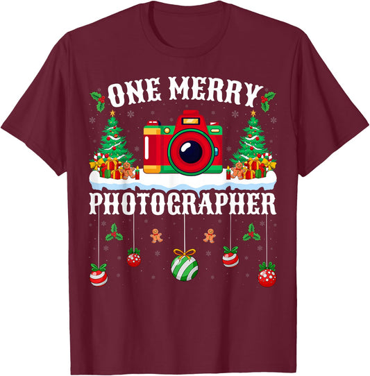 One Merry Photographer Xmas Holiday Photography Christmas T-Shirt - T-Shirt | Maroon