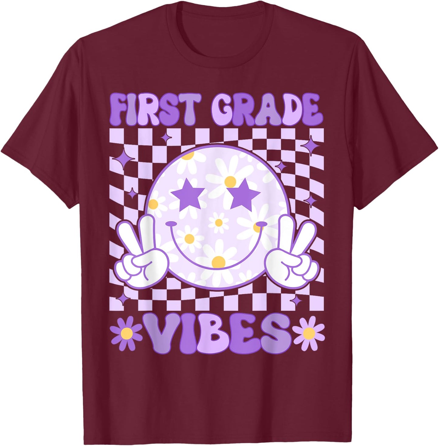 Groovy First Grade Vibes Back to School 1st Grade Teacher T-Shirt - T-Shirt | Maroon