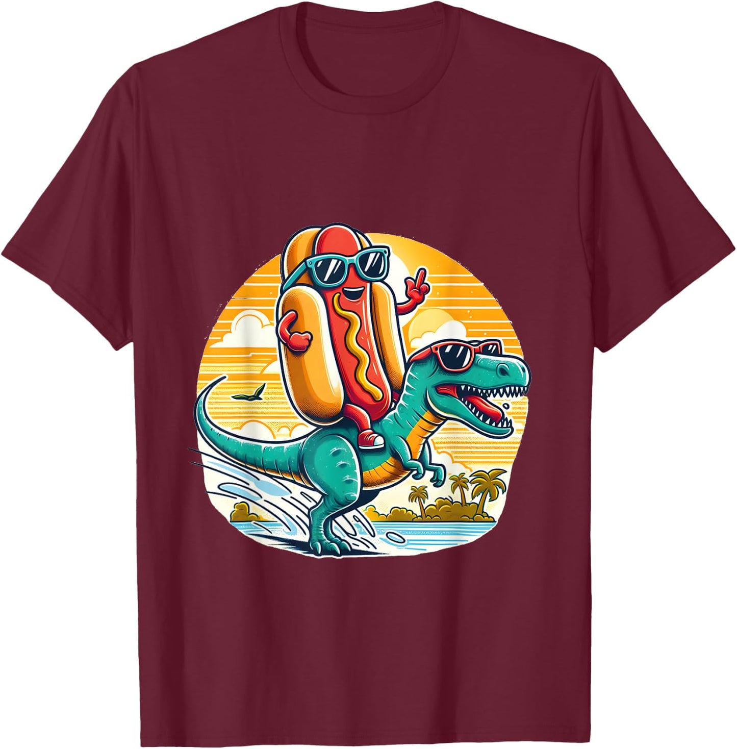 Funny T-Rex Dinosaur and Hot Dog summer vibes T-Shirt - T-Shirt | Maroon