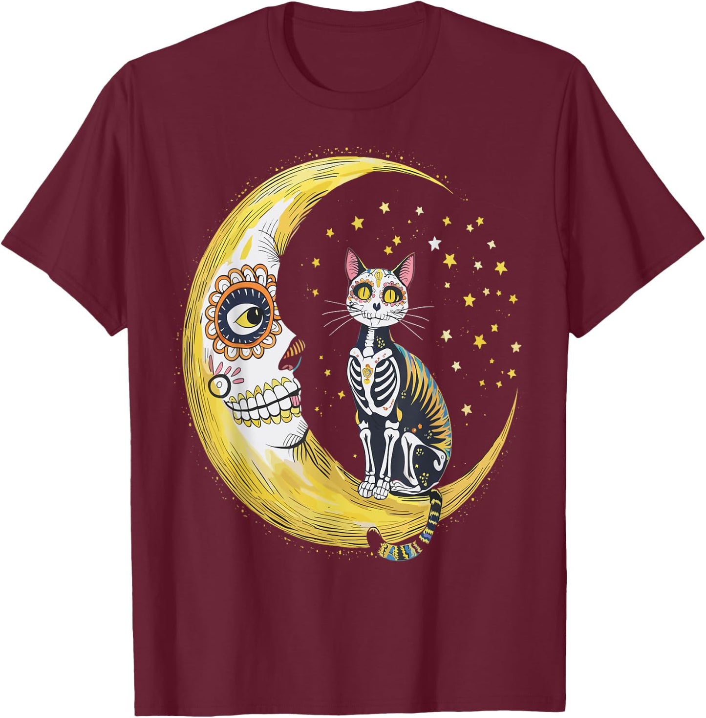 Cat And Moon Sugar Skull Dia De Los Muertos Day Of The Dead Men Women Kids T-Shirt - T-Shirt | Maroon