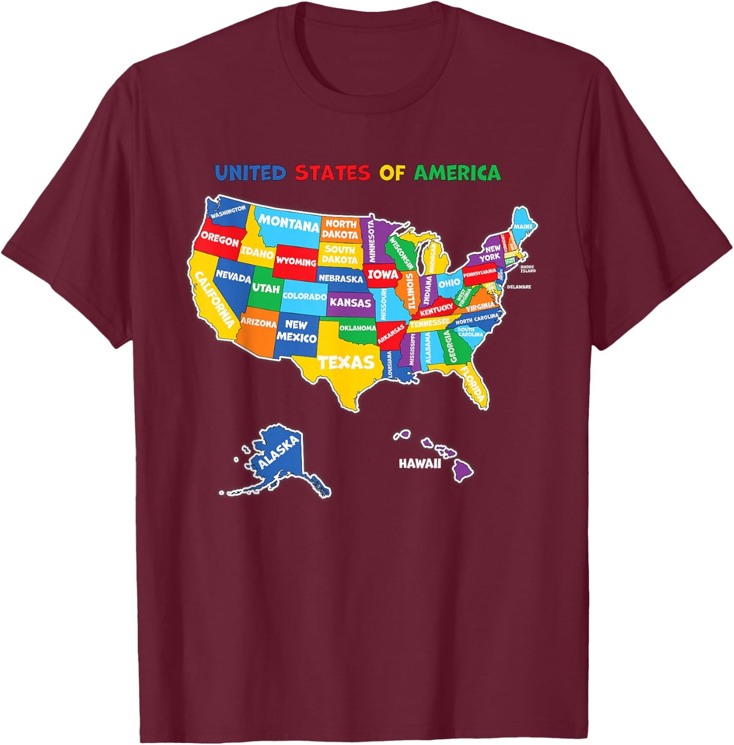 Colorful United states of America Map with states names, USA T-Shirt - T-Shirt | Maroon