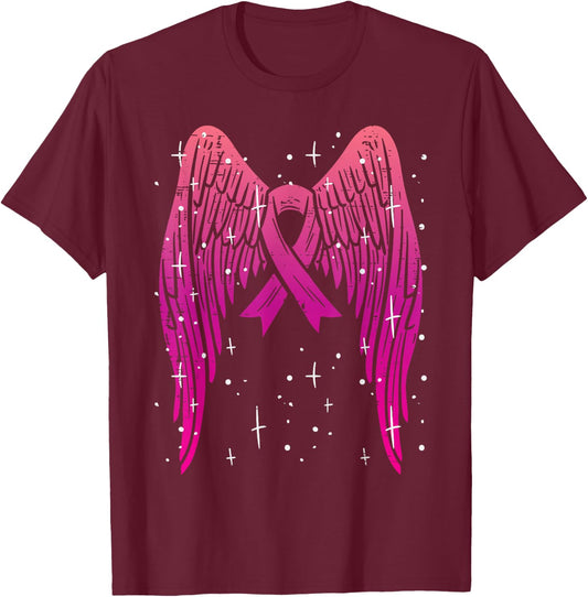 Pink Ribbon Angel Wings Breast Cancer Awareness Women T-Shirt - T-Shirt | Maroon