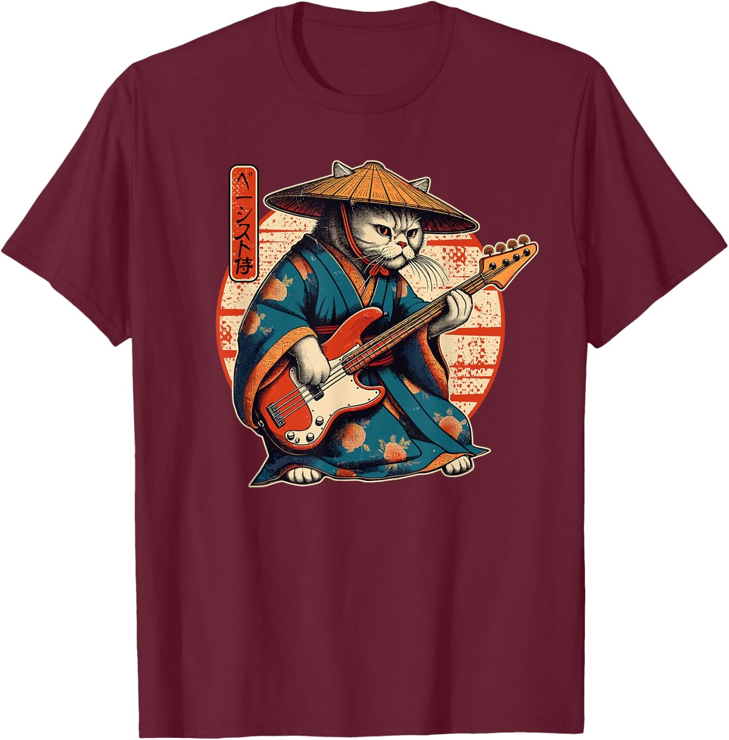 Japanese Samurai Cat Playing The Bass Men Women Girls Kids T-Shirt - T-Shirt | Maroon