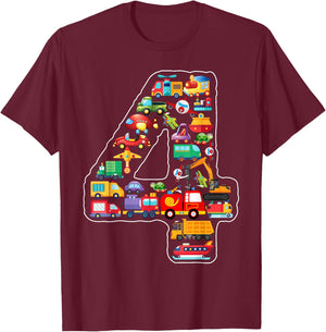 Kids 4th Birthday For Boys Cars Vehicles Fire Truck Airplane T-Shirt - T-Shirt | Maroon