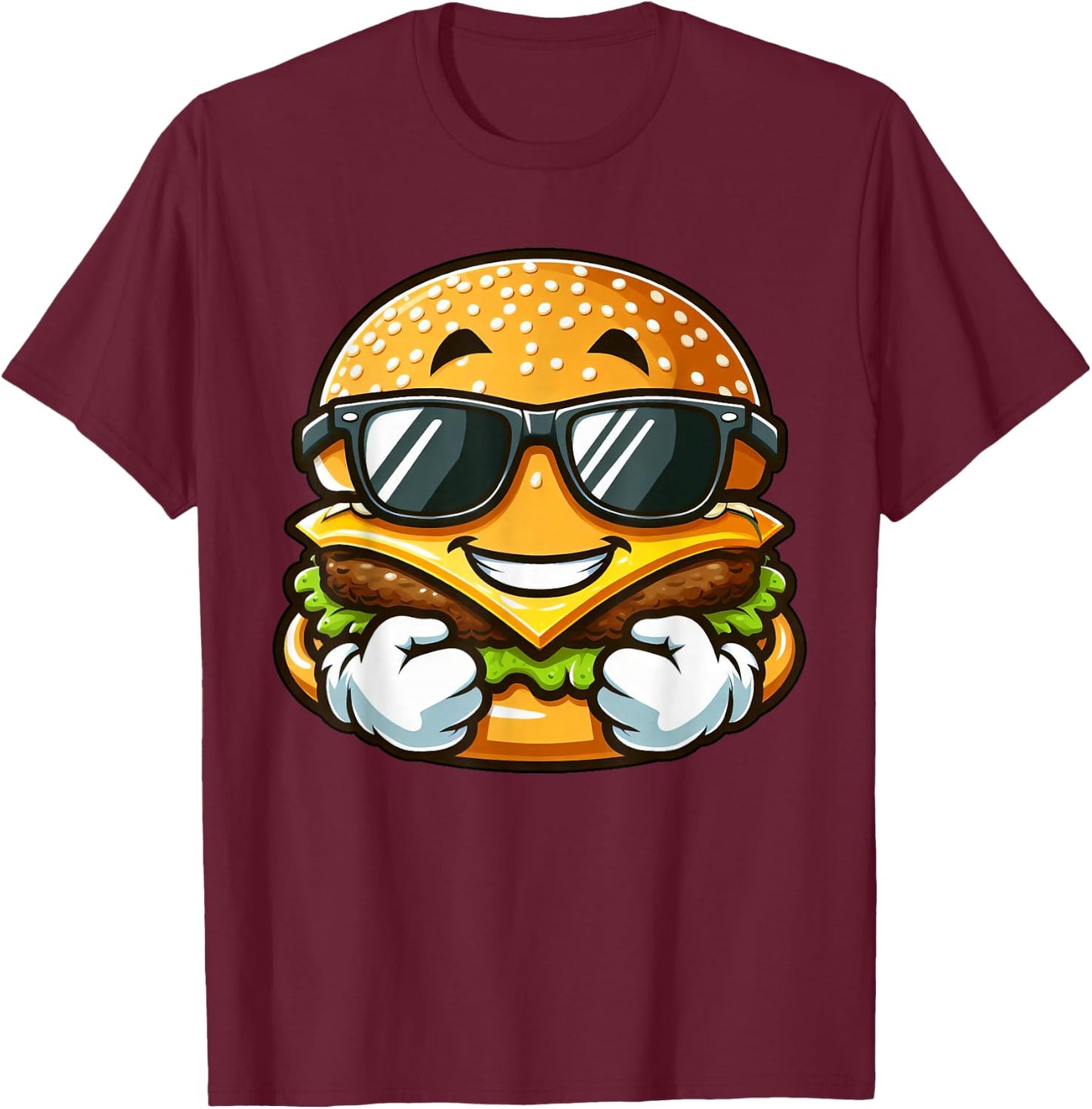 Cool Hamburger Cheeseburger with Sunglasses T-Shirt - T-Shirt | Maroon