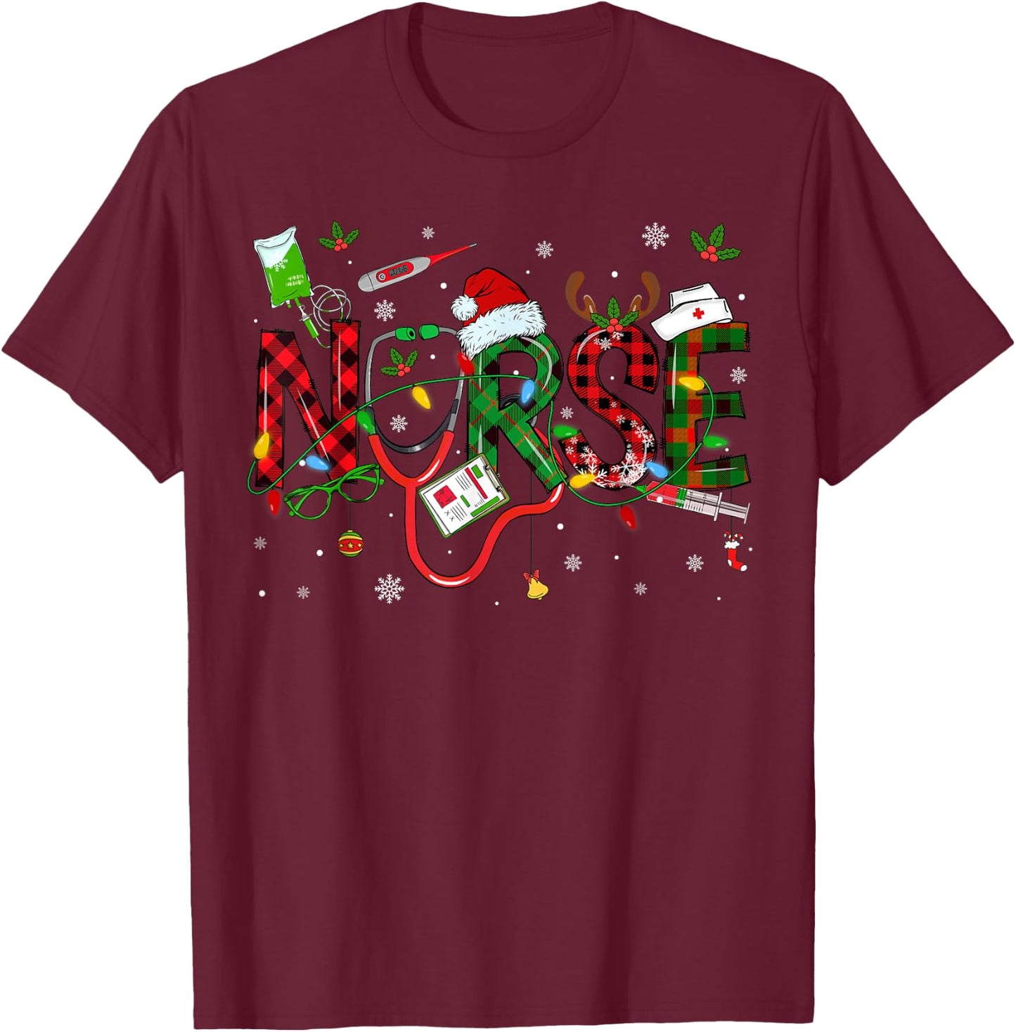 Nurse Christmas Stethoscope Nurses Xmas Scrub Men Women T-Shirt - T-Shirt | Maroon