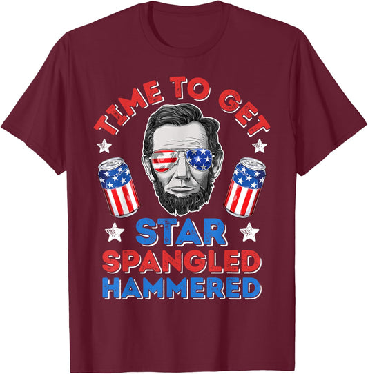 Abe Lincoln 4th Of July Time To Get Star Spangled Hammered Men T-Shirt - T-Shirt | Maroon