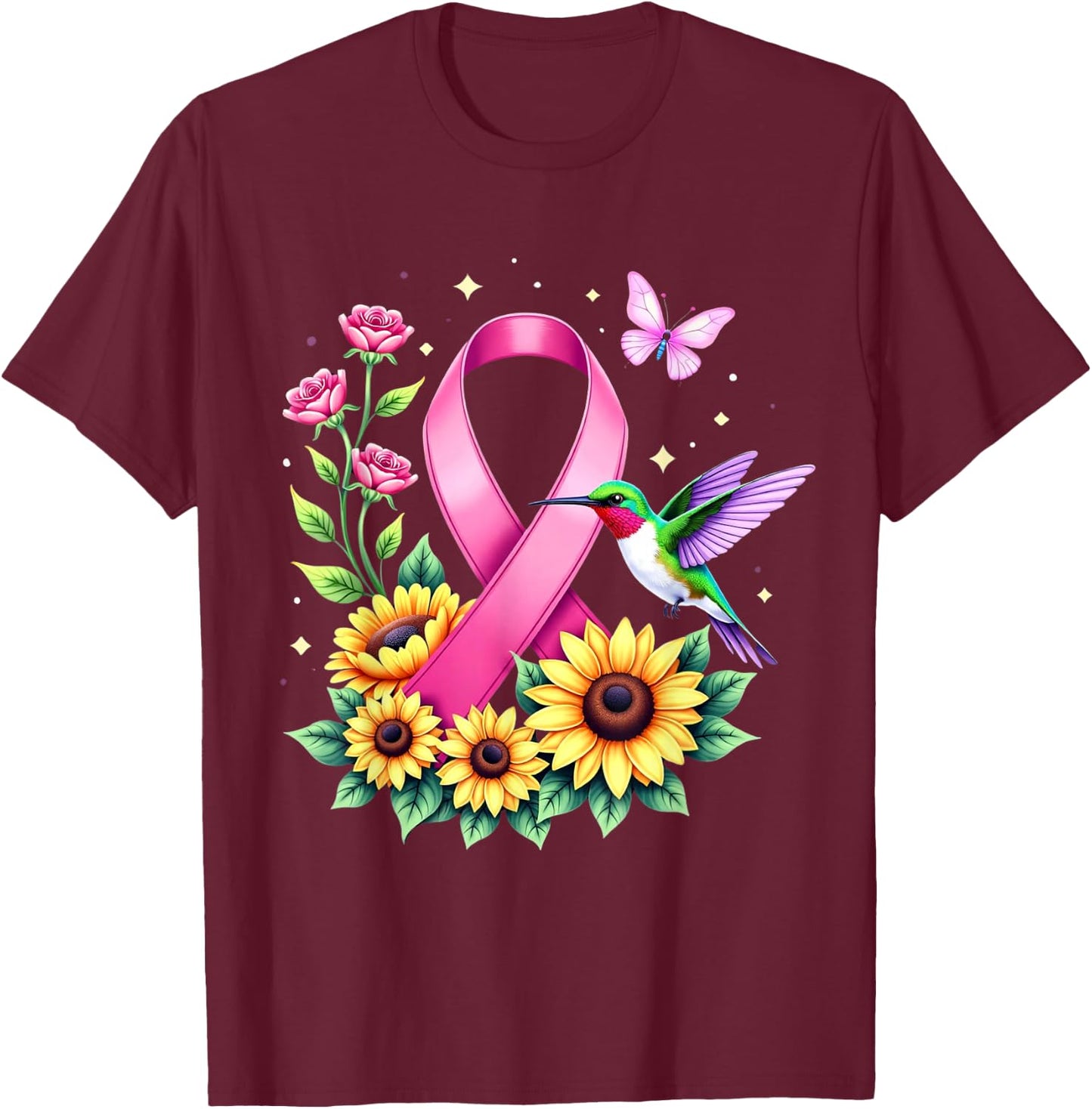 Hummingbird Sunflower Pink Ribbon Breast Cancer Awareness T-Shirt - T-Shirt | Maroon