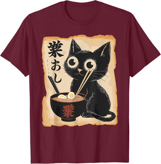 Funny Cat Ramen Noodle Japanese Kawaii Anime Otaku Style T-Shirt - T-Shirt | Maroon