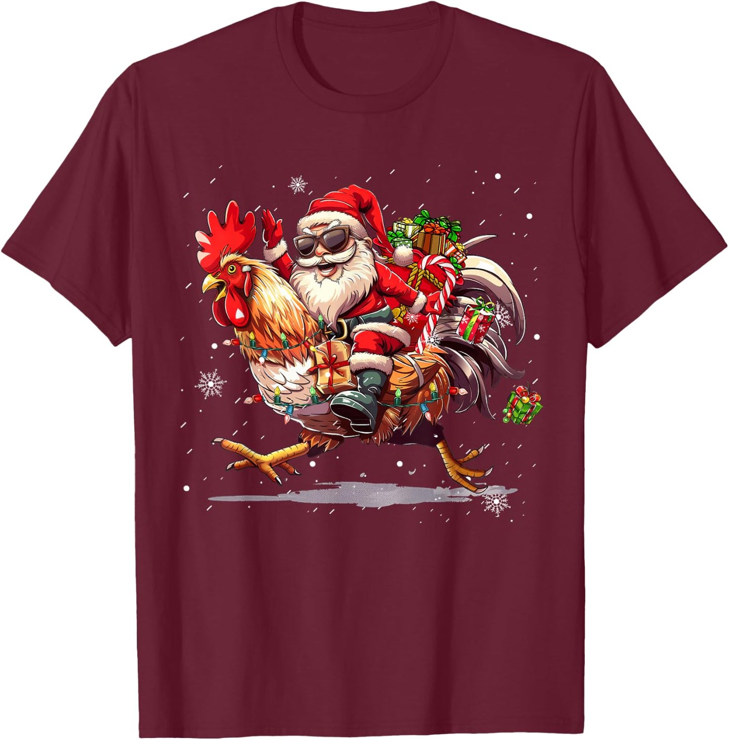 Merry Christmas 2025 Funny Santa Riding Chicken Christmas T-Shirt - T-Shirt | Maroon