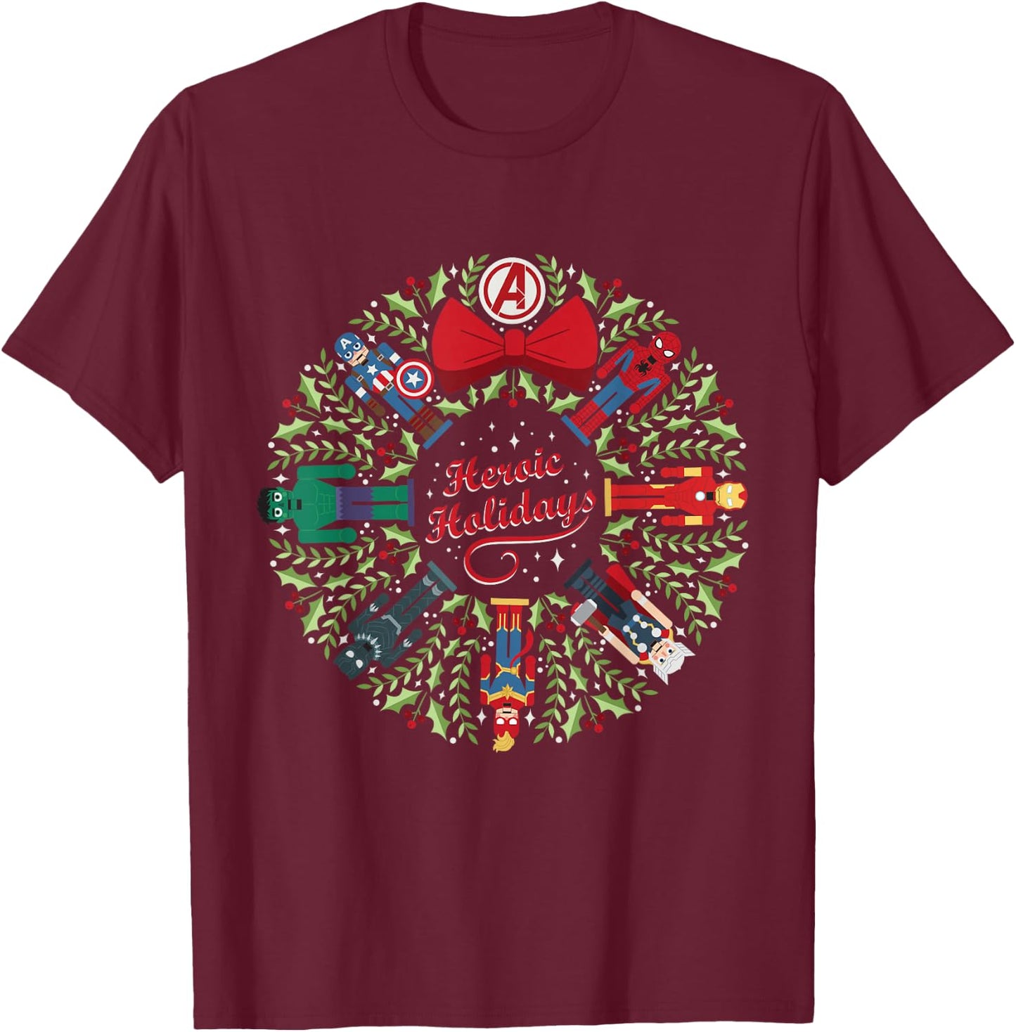 Marvel Christmas Avengers Nutcrackers Wreath Heroic Holidays T-Shirt - T-Shirt | Maroon