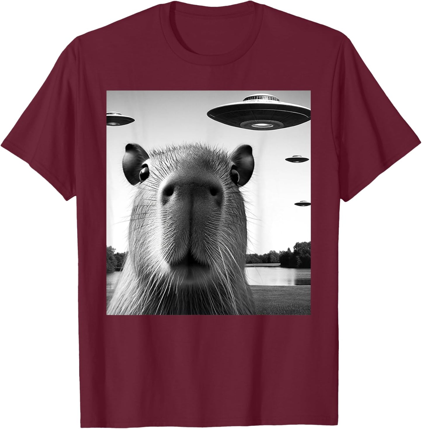 Funny Capybara Selfie with UFOs Weird Graphic T-Shirt - T-Shirt | Maroon