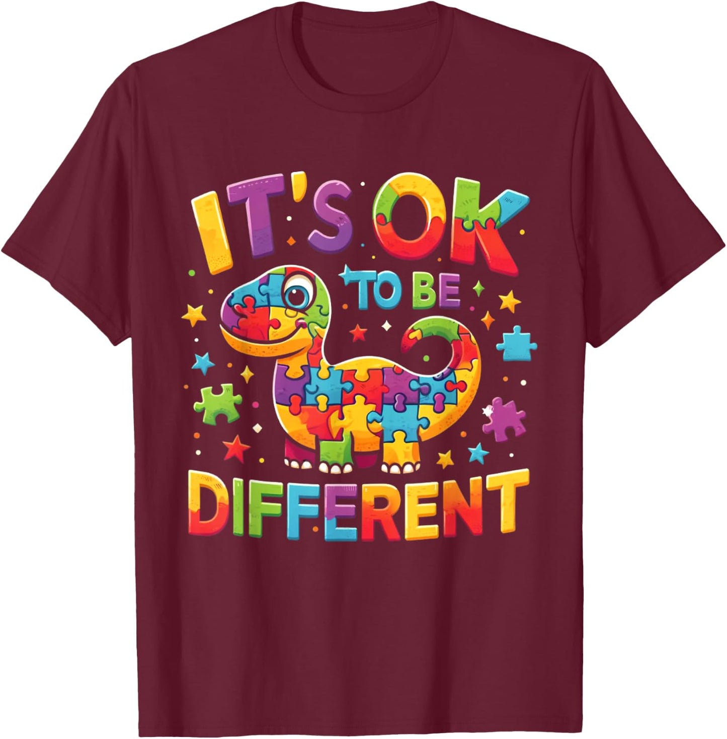 Its Ok To Be Different Autism Awareness Cute T Rex Dinosaur T-Shirt - T-Shirt | Maroon