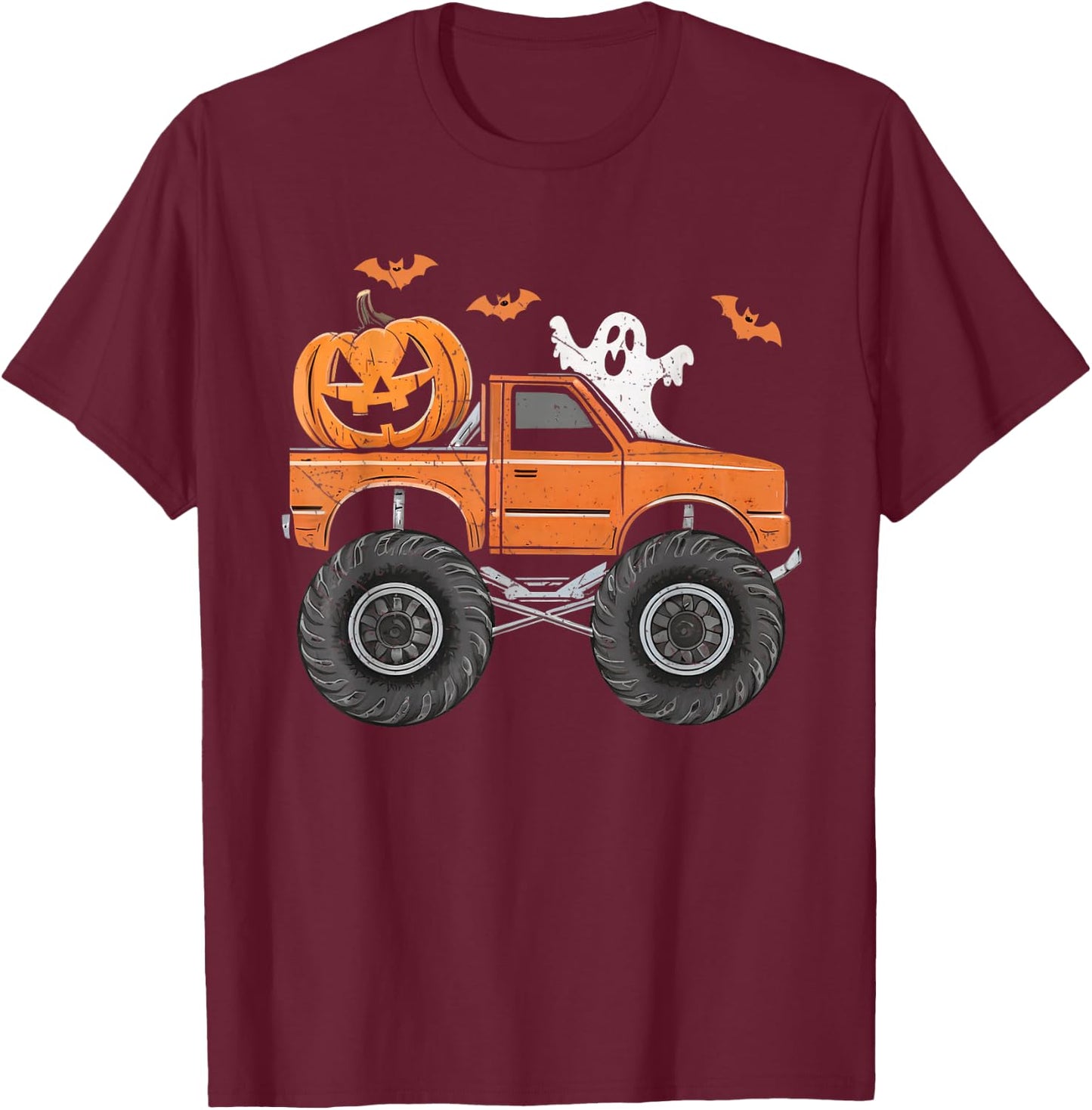Ghost Truck Moon Pumpkin Toddler Boys Halloween Teens Kids T-Shirt - T-Shirt | Maroon