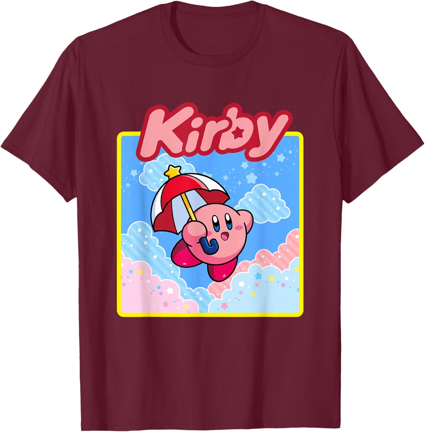 Kirby Pastel Pink & Blue Cloudy Big Character Portrait T-Shirt - T-Shirt | Maroon