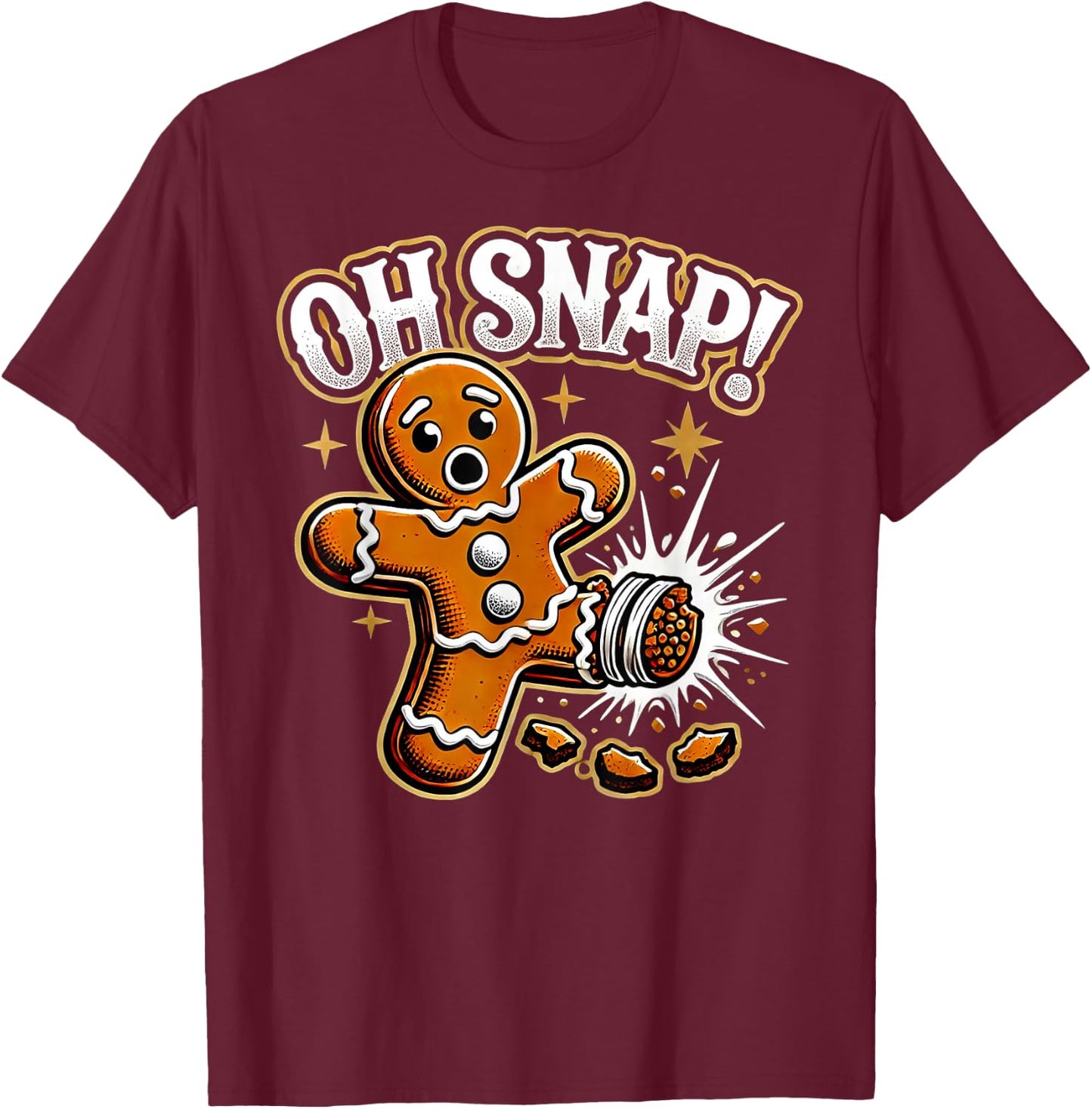 Oh Snap Gingerbread Man -Adult Black Cartoon Holiday Humorous Modern Classic Fit Short Sleeve T-Shirt - T-Shirt | Maroon