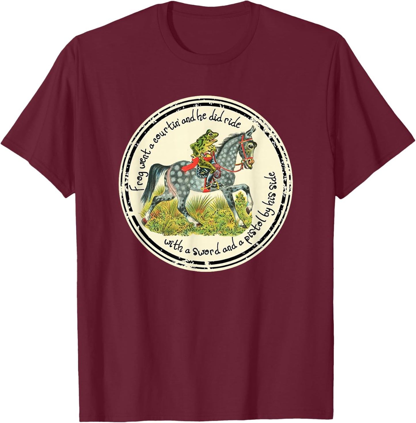 Frog Went a Courtin riding Horse with Sword Folk Tale T-Shirt - T-Shirt | Maroon