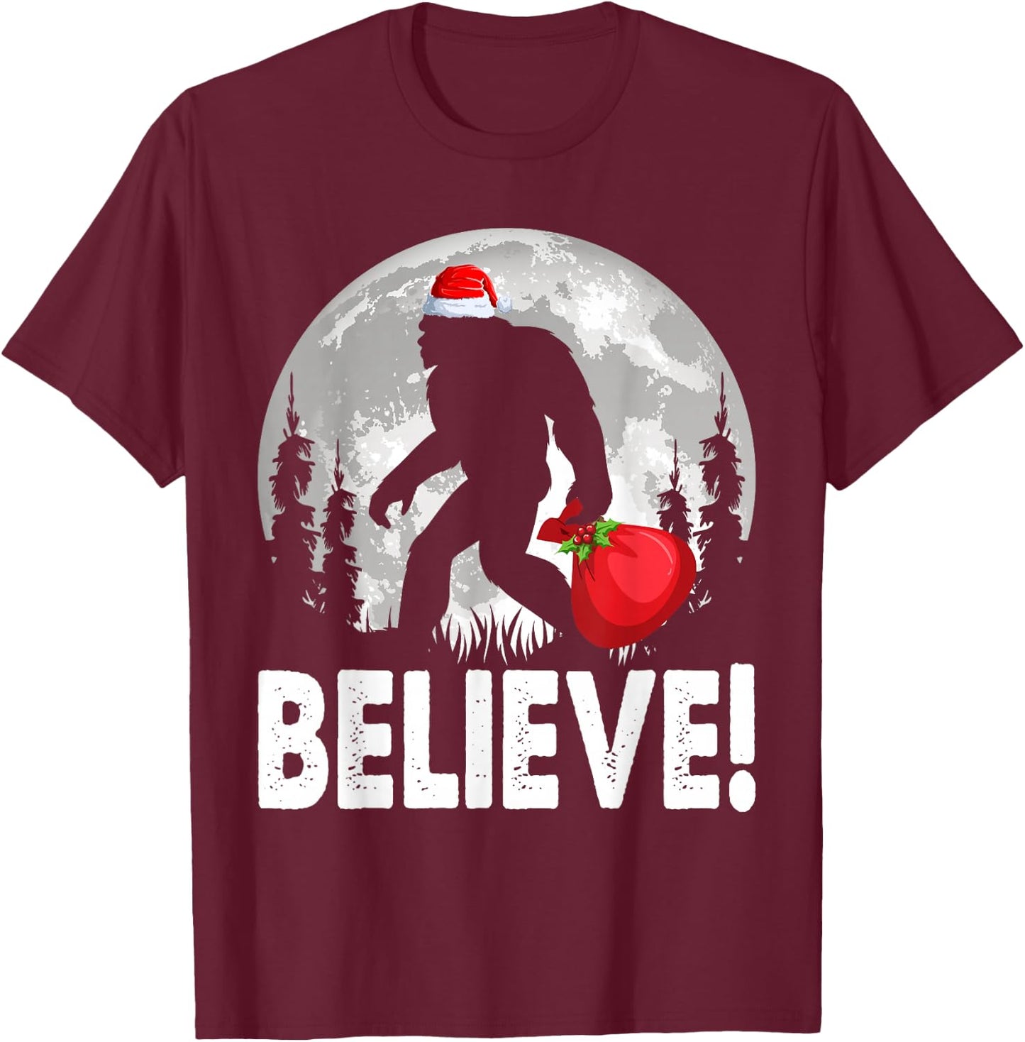 Believe! Santa Bigfoot Christmas Snow & Moon Night Graphic T-Shirt - T-Shirt | Maroon