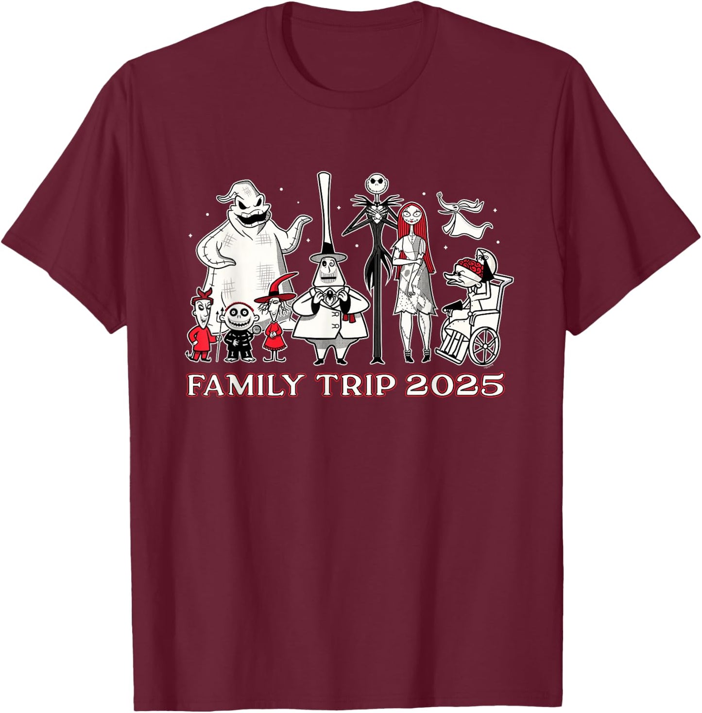 Disney The Nightmare Before Christmas B&W&R Family Trip 2025 T-Shirt - T-Shirt | Maroon