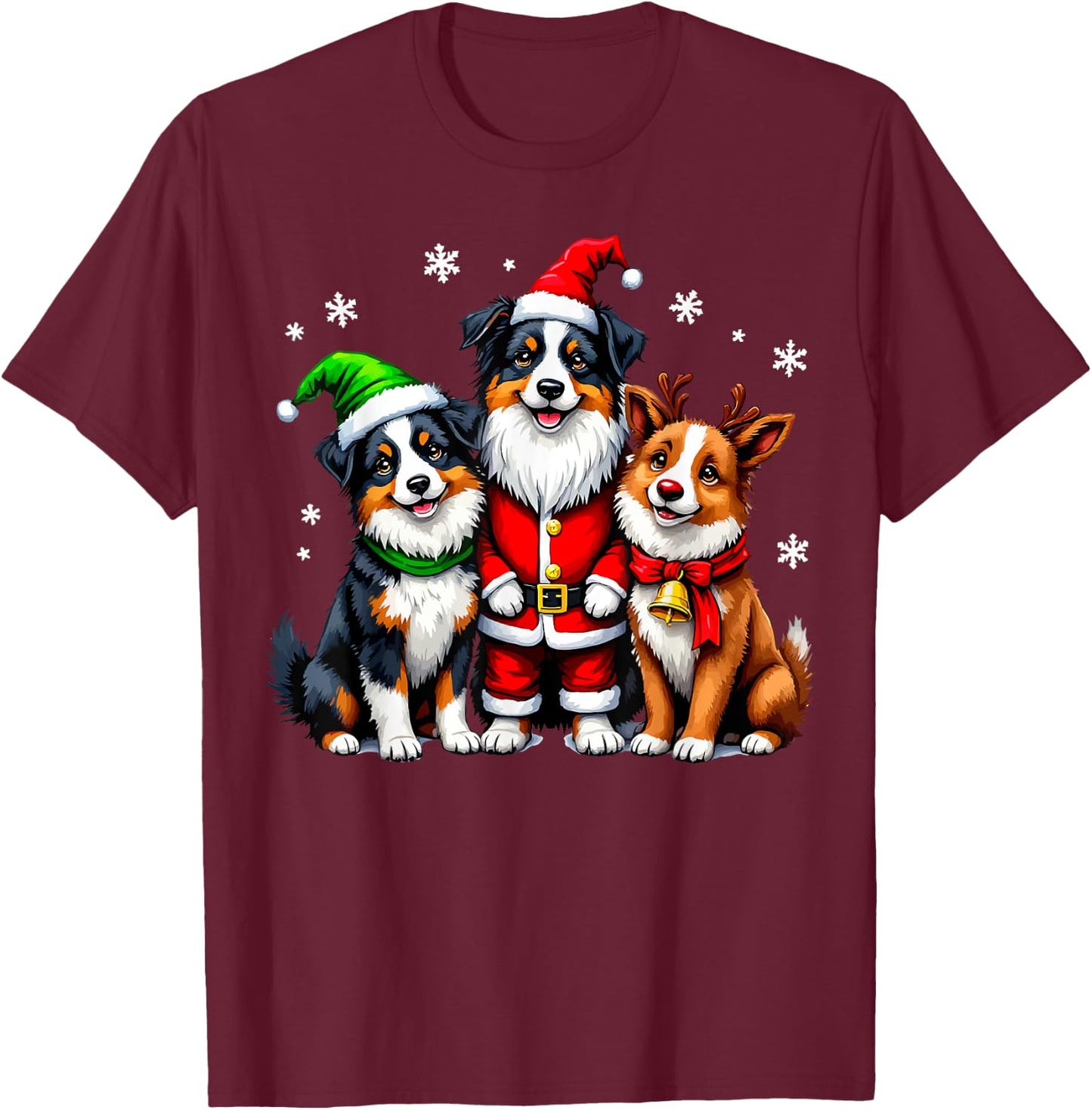 Australian Shepherd Christmas Dogs Funny Santa Reindeer Elf T-Shirt - T-Shirt | Maroon