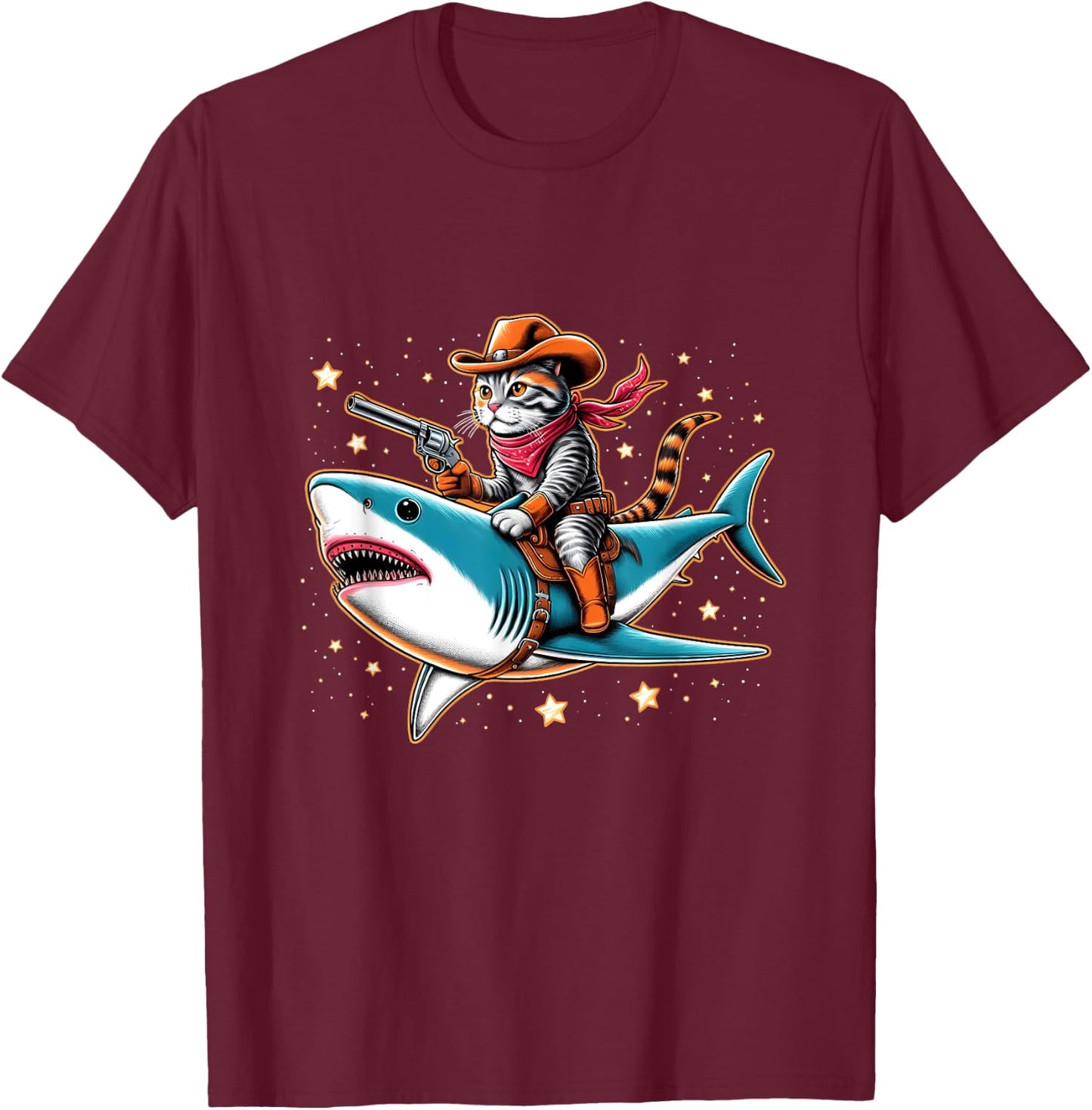 Cat Cowboy Riding A Shark In Space T-Shirt - T-Shirt | Maroon
