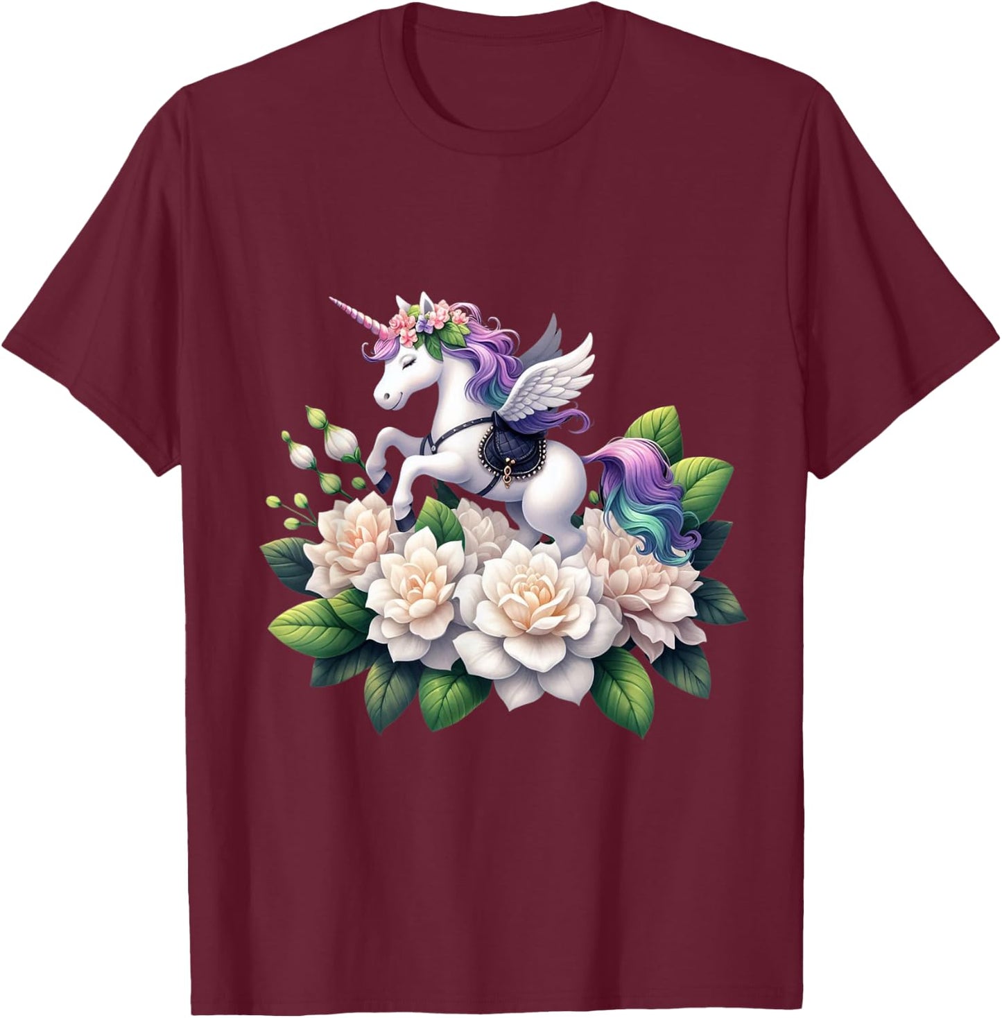 Unicorn Riding Gardenia Boys Girls Men Women Kids Adults T-Shirt - T-Shirt | Maroon