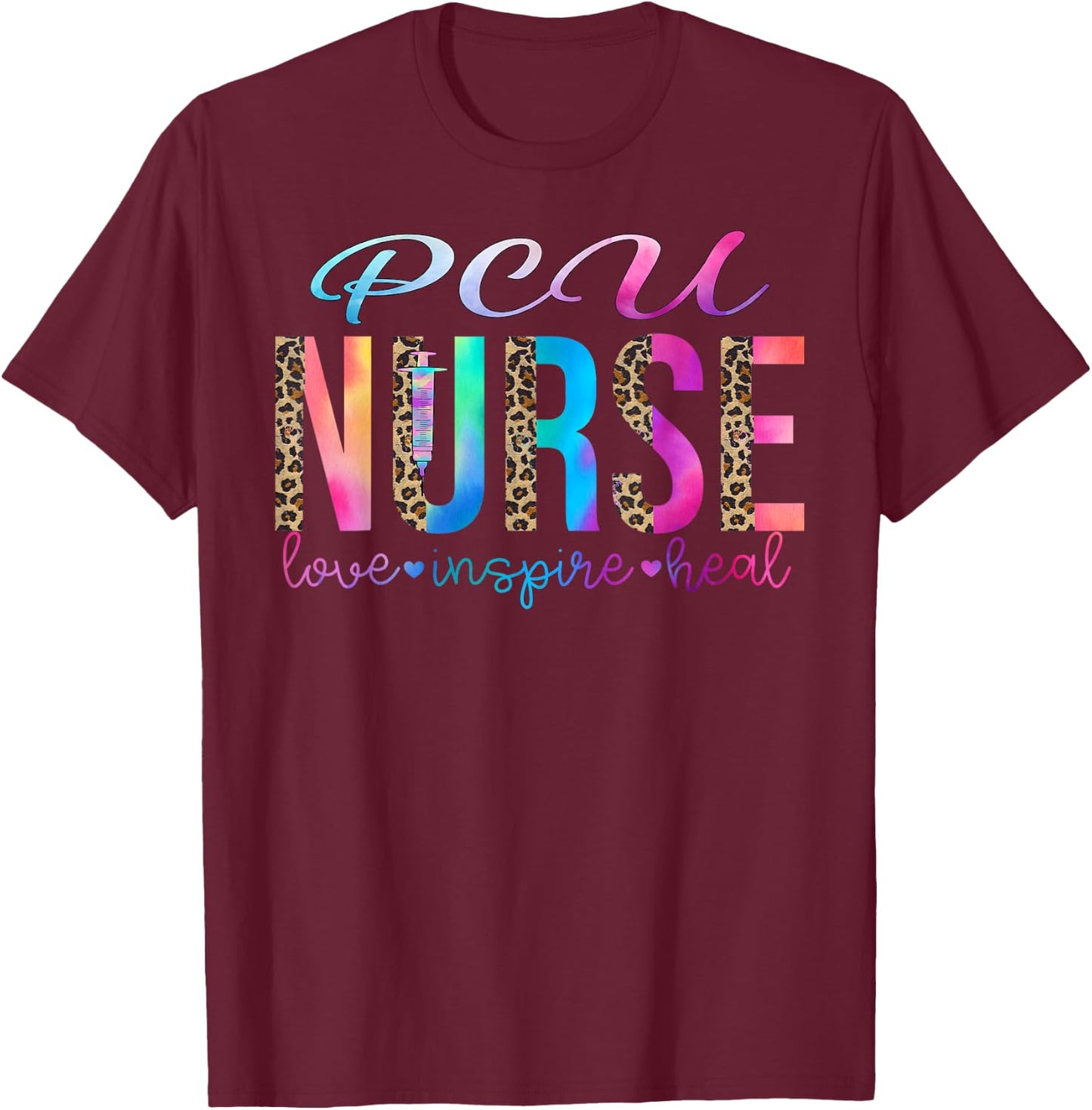 PCU nurse love inspire heal watercolor , Small, Black T-Shirt - T-Shirt | Maroon