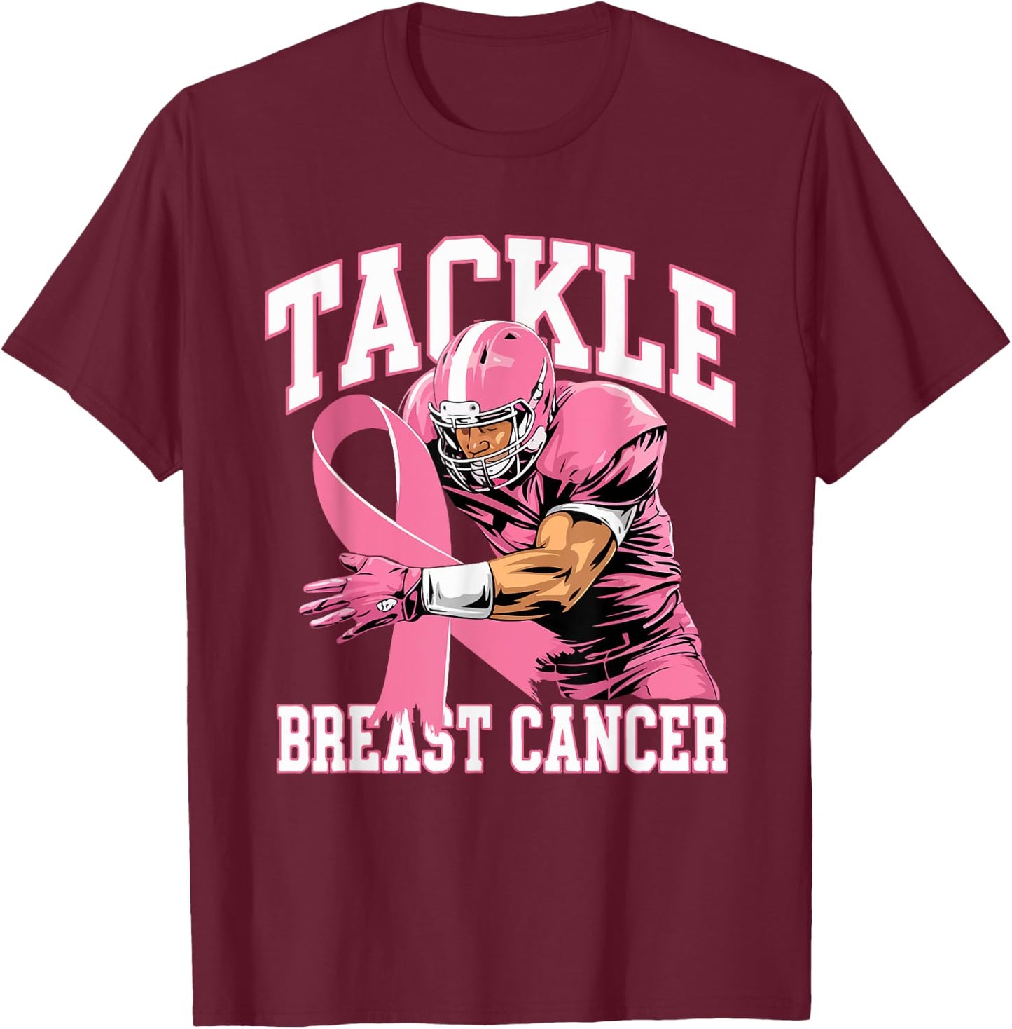 Tackle Breast Cancer Pink Ribbon American Fantasy Football T-Shirt - T-Shirt | Maroon
